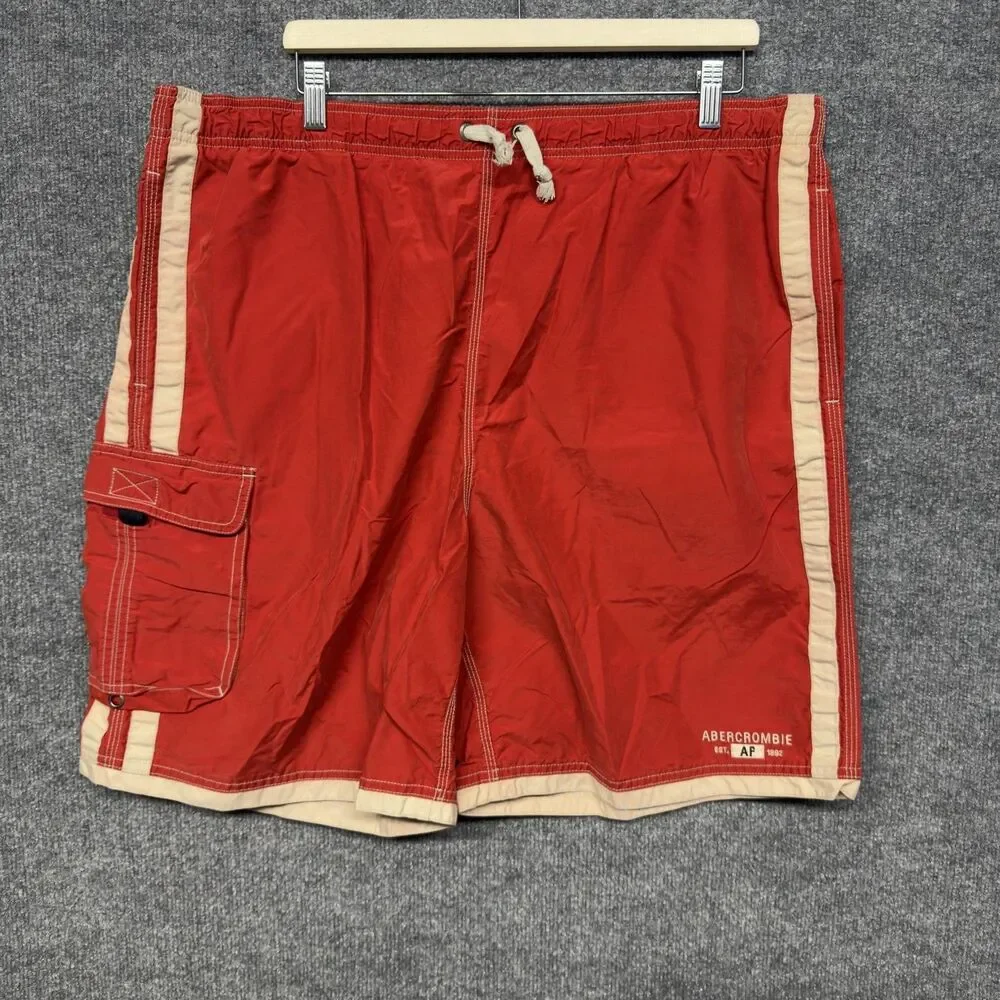 Vintage Abercrombie Swim Shorts Mens XL/2XL Red Cargo Pocket Unlined Trunks Y2K